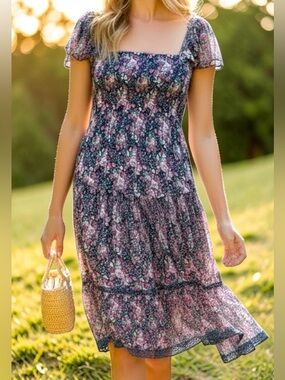 LAPIS Floral Print Square Neckline Puff Sleeves Smocked Tiered Sundress Sz Small